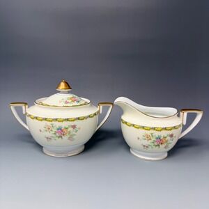 Vintage Noritake Morimura Creamer and Sugar Bowl Set Floral Gold Trim Japan